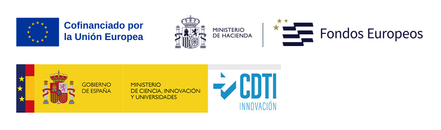 Logotipos de a Unión Europea, Ministerio de Hacienda, Fondos Europeos, Ministerio de Ciencia, Innovación y Universidades del Gobierno de España y CDTI Innovación